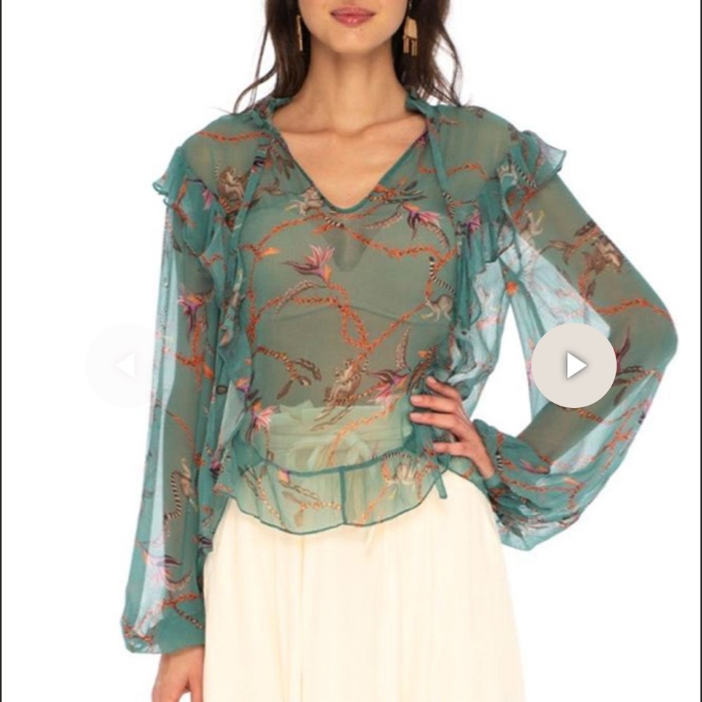 NWOT Caballero Mila Sheer Ruffled Blouse  “Monkey business”  $179